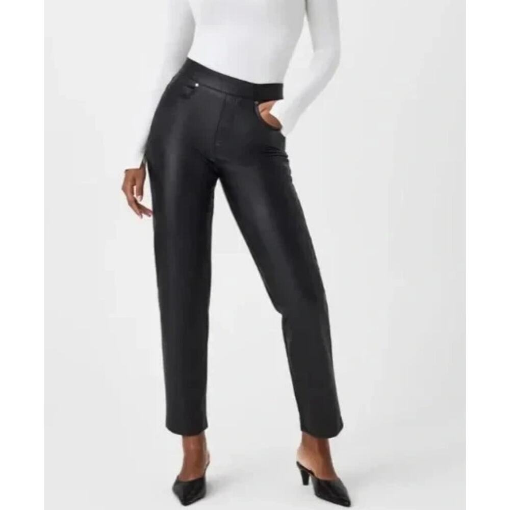 Spanx Slim Straight Faux Leather Pant Black High Rise Crop Women's Large